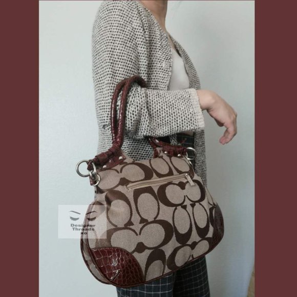 Coach Red Leather Logo Signature Canvas Hobo Bag - Picture 1 of 10